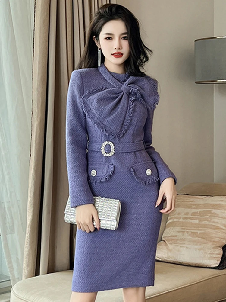 Trendy Tweed Vintage Classic Pencil Dress Women Elegant Commute Sweet Long Sleeve Slim Formal Mujer Vestidos Street Clothes 240801