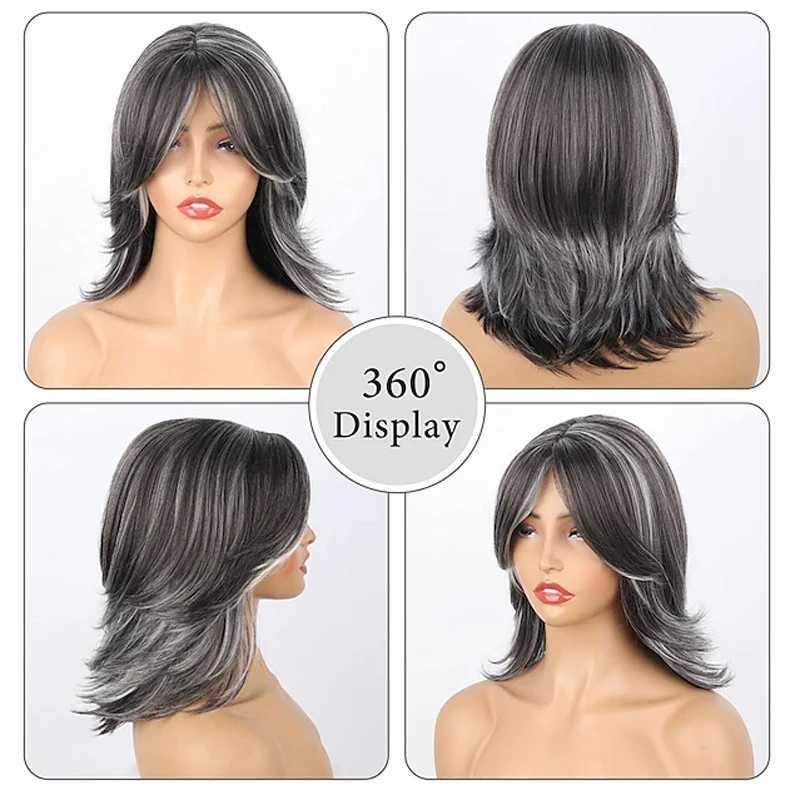 HAIRJOY Dark Grey Umbre Layered Wig with bangs suitable for black women with synthetic short hair grey high gloss straight layered Bob wig W240801