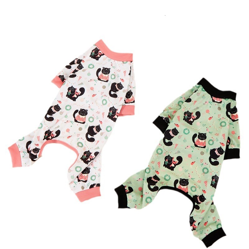 Pet four legged jumpsuit, cartoon print, black cat pet clothing, breathable dog clothing