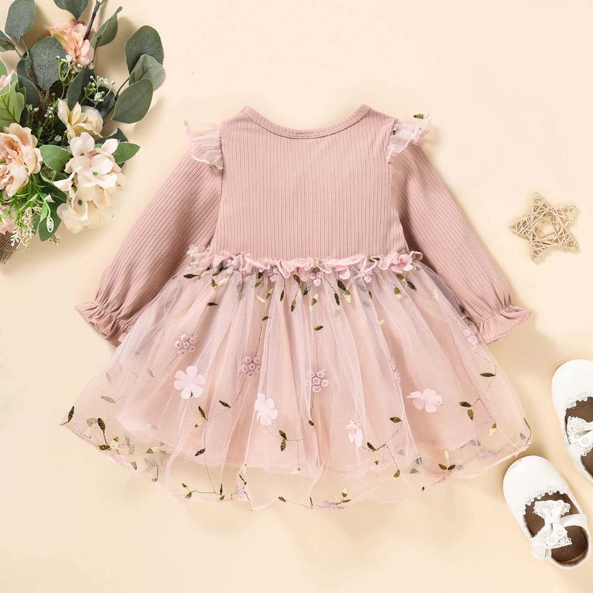 New single piece spring and autumn baby girl pink slender sleeping princess flower mesh dress X2502201
