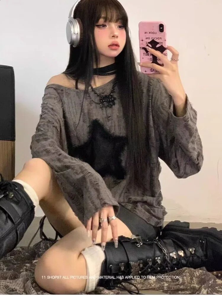 HOUZHOU Harajuku Vintage Hollow Out Sweater Women Autumn Streetwear Fairy Grunge Y2k Knitted Pullovers Gothic Girl Top 240812