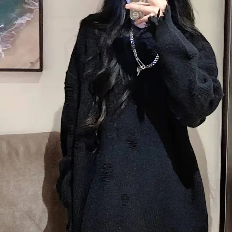 QWEEK Vintage Womens Sweater with Holes Korean Style Oversized Black Female Pullovers Sweaters Harajuku Knitted Jumper Gothic 240812