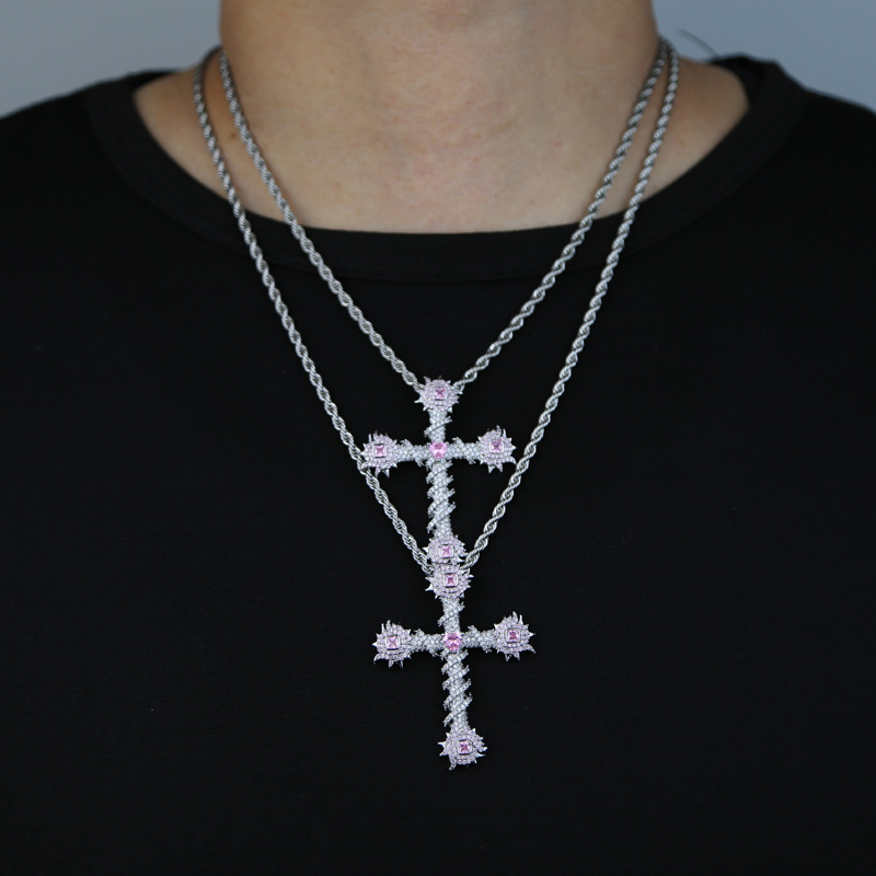 Hip Hop Pink Ziron Cross Pendant Necklace White Gold Plated Lover Couple Religious Jewelry Gift