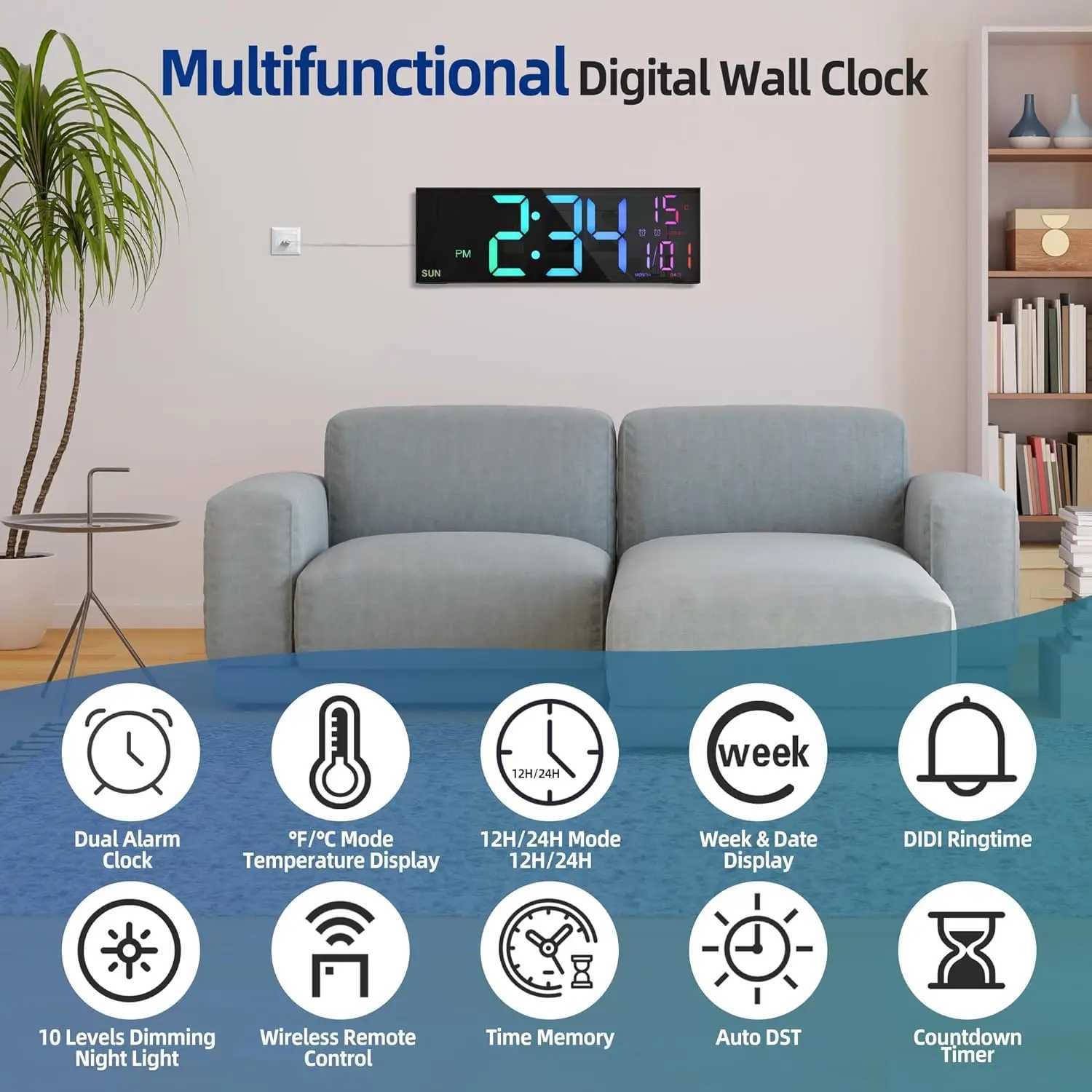 16.2 Large Digital Wall Clock with Remote Control Big LED/Dual Alarm/8 RGB Colors Digital Alarm Clock Electronic WatchM240731
