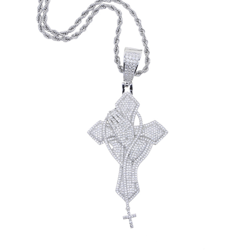 Hip Hop Prayer Hands Cross Pendant Necklace 5A Zircon White Gold Plated Religious Jewelry