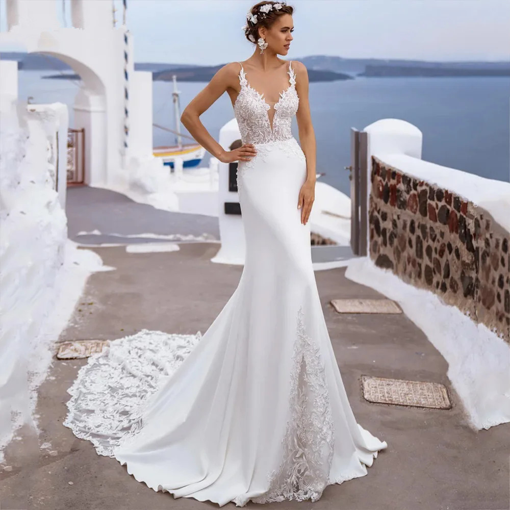 Modern V-Neck Mermaid Wedding Dress Spaghetti Straps Lace Appliques Backless Illusion Bridal Gown Vestidos De Novia