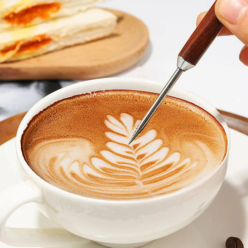 Latte latte art needle coffee art wooden handle stainless steel pen cappuccino espresso art needle barista accessories 240801 - view 4