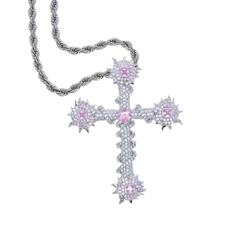 Hip Hop Pink Ziron Cross Pendant Necklace White Gold Plated Lover Couple Religious Jewelry Gift