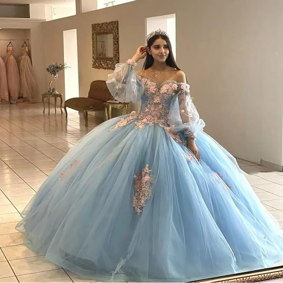 Princess Off The Shoulder Sky Blue Ball Gown Quinceanera Dress Beaded Birthday Vestidos De Novia Appliques Graduation Gown Lace Up Back Sweet 15 16 Pa