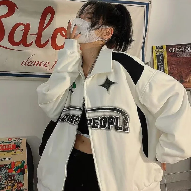 Vintage Women Sweatshirts Grunge Y2k Korean spring autumn Streetwear Black White Zip Up Hoodies Female Hip Hop Fashion Tops 240812