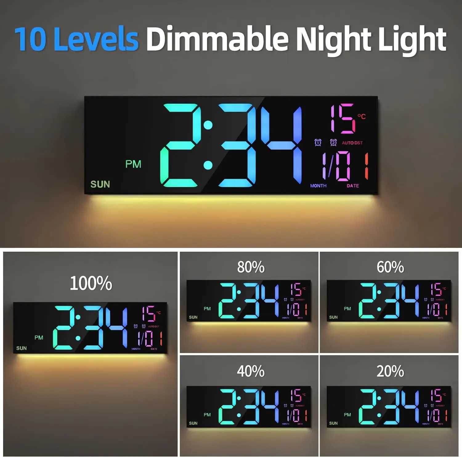 16.2 Large Digital Wall Clock with Remote Control Big LED/Dual Alarm/8 RGB Colors Digital Alarm Clock Electronic WatchM240731