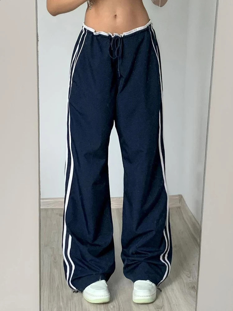 Sweetown Side Zipper Split Contrast Stripe Loose Casual Women Straight Leg Pants Y2K Baggy Trousers 240821