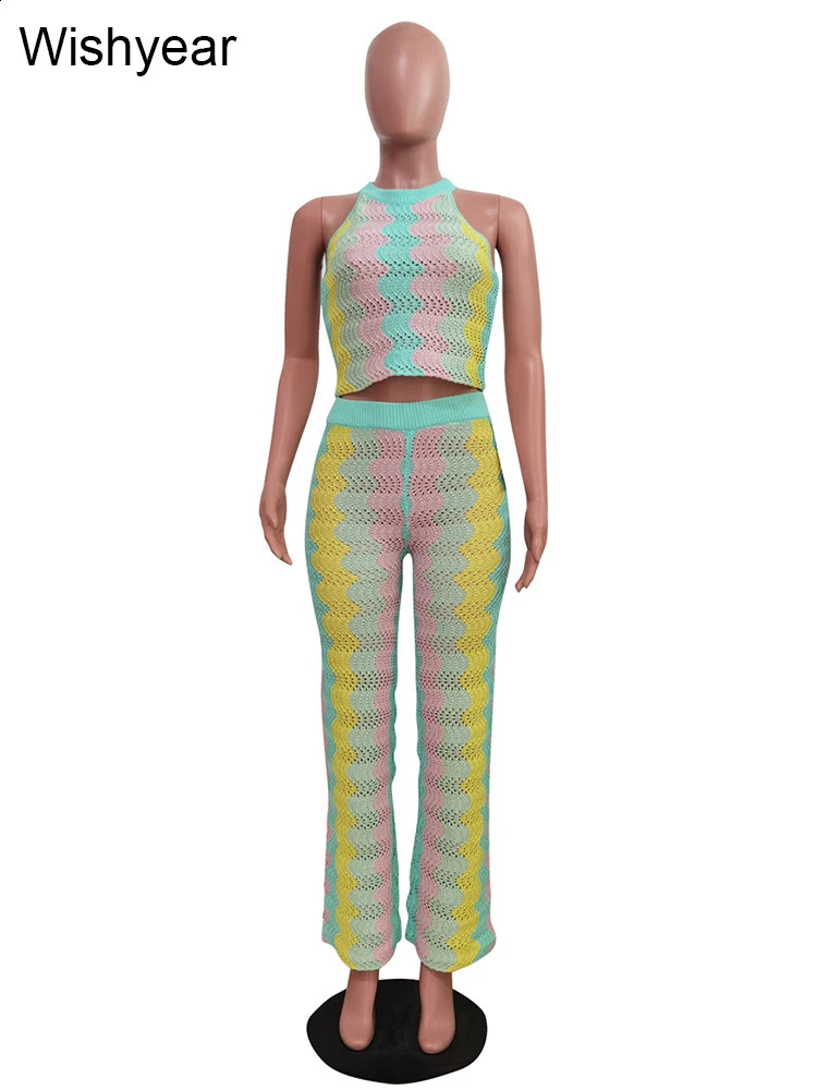 Fashion Rainbow Stripe Knit Ribbed Outfit Women Sleeveless Tank Cargo Top and Flared Pants Two 2 Piece Set Streetwear Tracksuit 240813
