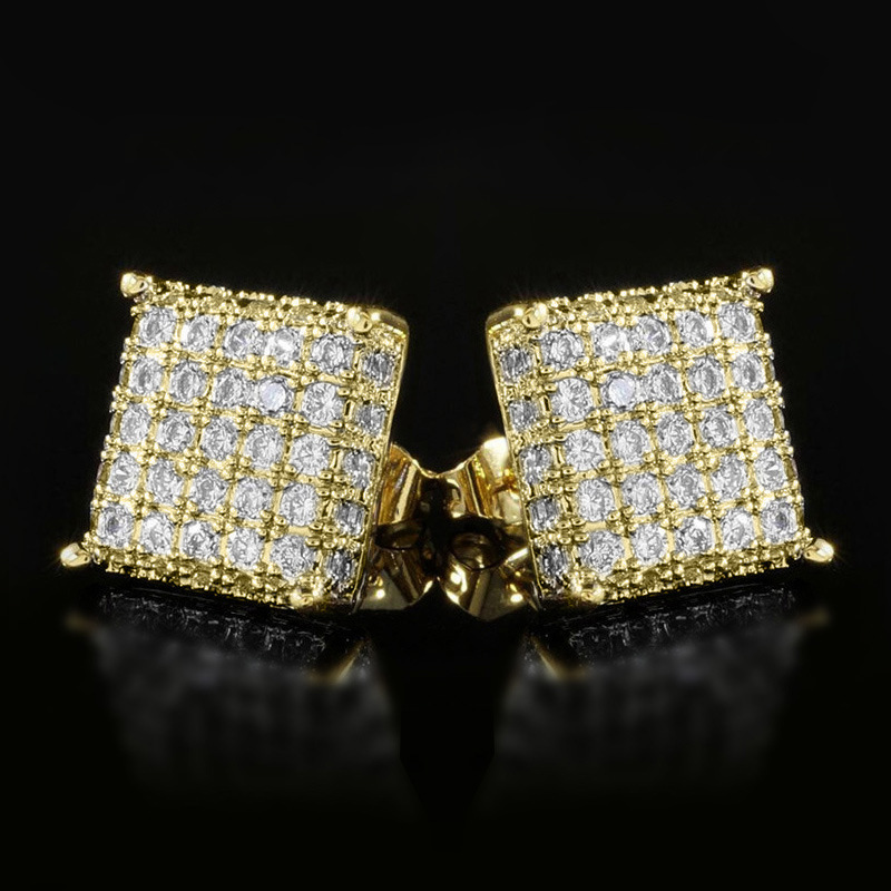 Trendy Gold / Silver Color Bling Out Iced AAA Three-dimensional Zirconia Micropave Square Hip Hop Stud Earrings for Men Woman