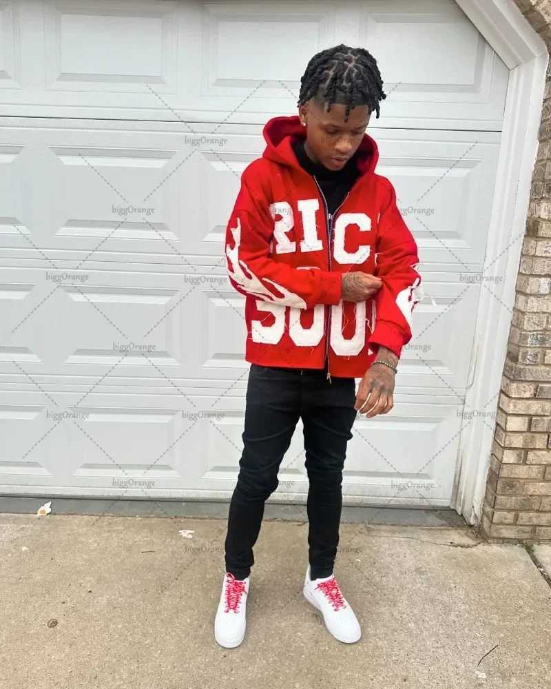European and American Harajuku Retro Jacket Letter Embroidered Zipper Sweatshirt Men Fashion Versatile Oversized Hoodie Women M250312