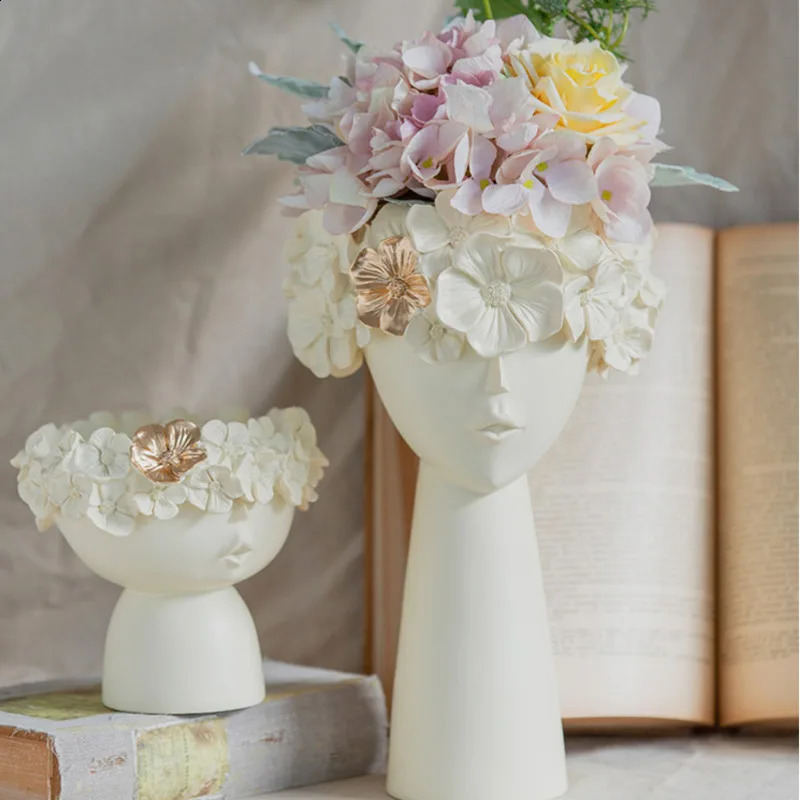 2 pieces of Nordic Mona Lisa human face vase resin character flowerpot set abstract portrait plant flower arrangement home decoration 240731
