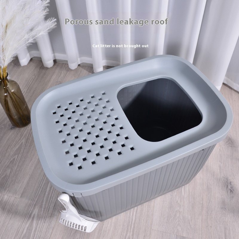 Pet litter box fully enclosed, top in, oversized cat toilet, splash proof with sand for cats