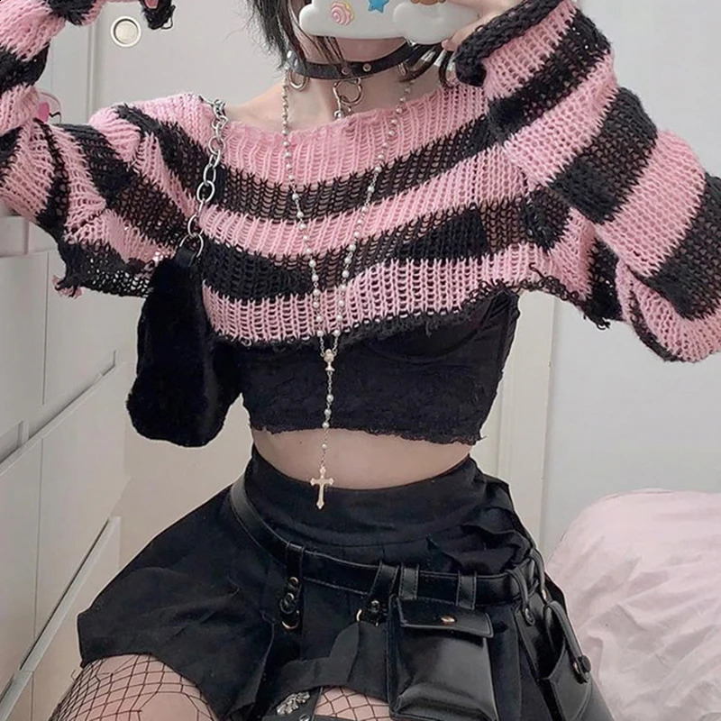 CIBBAR Vintage Y2k Cropped Sweater Smock Grunge 2000s Loose Full Sleeve Pink Striped Print Jumpers for Women Autumn Casual Chic 240812