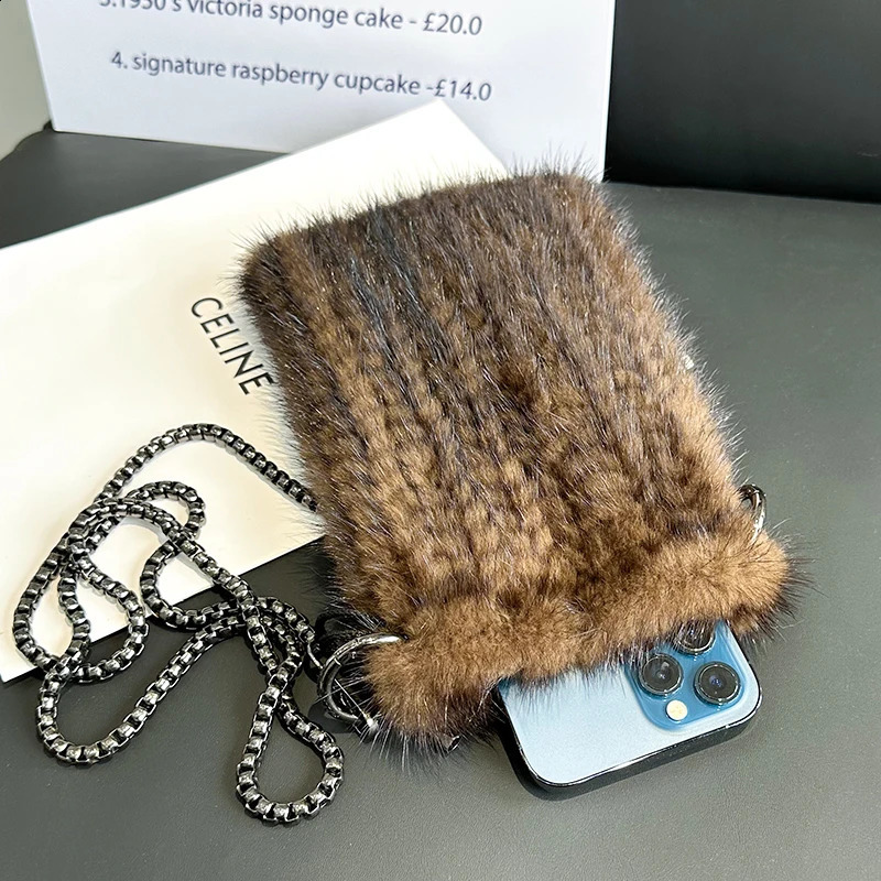 100% Real Mink Fur Bag Crossbody Bags For Women Autumn Winter Plush Purses And Handbags Female Phone Shoulder Bag Girls Wallet 240801