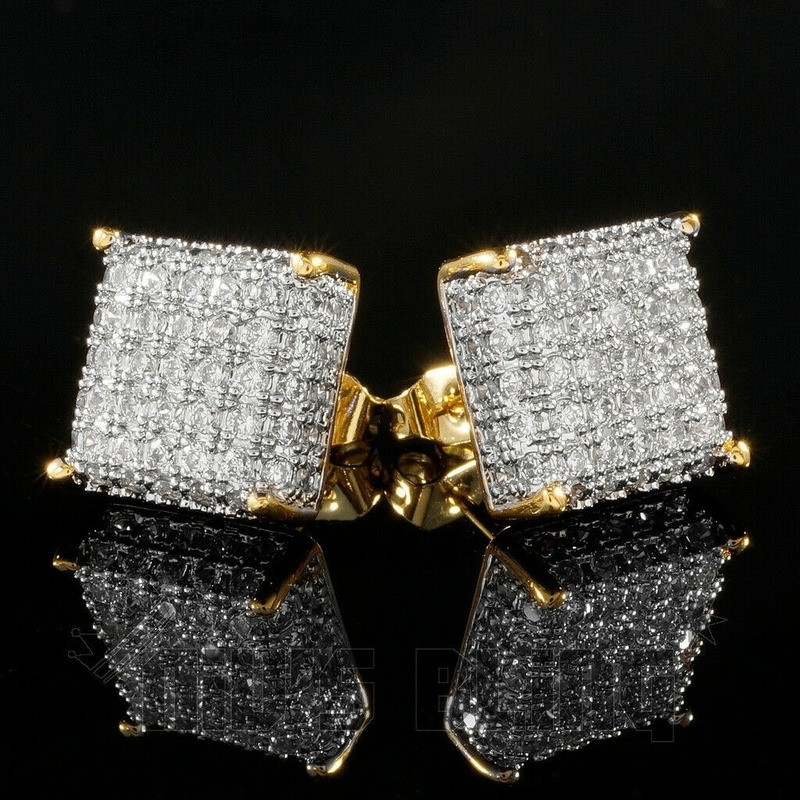 Trendy Gold / Silver Color Bling Out Iced AAA Three-dimensional Zirconia Micropave Square Hip Hop Stud Earrings for Men Woman