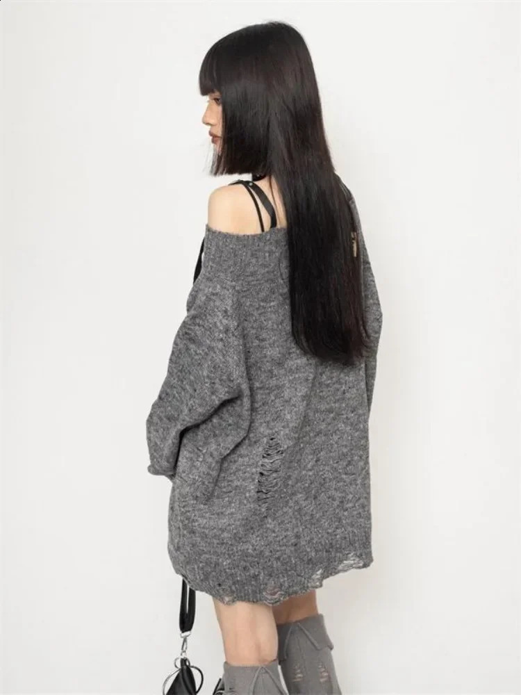 Harajuku Gothic Sexy Off Shoulder Knitted Jumpers Grunge Jacquard Sweater Fashion Knitwear Y2k Aesthetic Slash Neck Pullover 240812