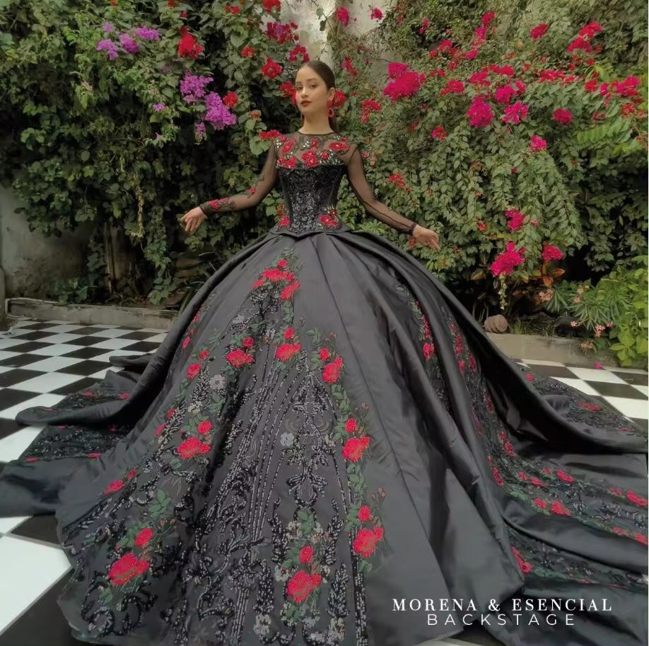 2025 Sparkly Black Mexican Charro Princess Quinceanera Dresses Long Sleeve ral Embroidery Sequin Corset vestidos de 15 quinceanera