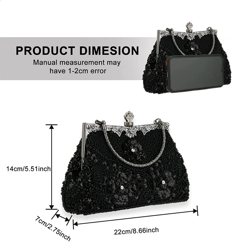 Womens embroidered bead sequin evening handbag retro shoulder bag wedding party elegant top 240724