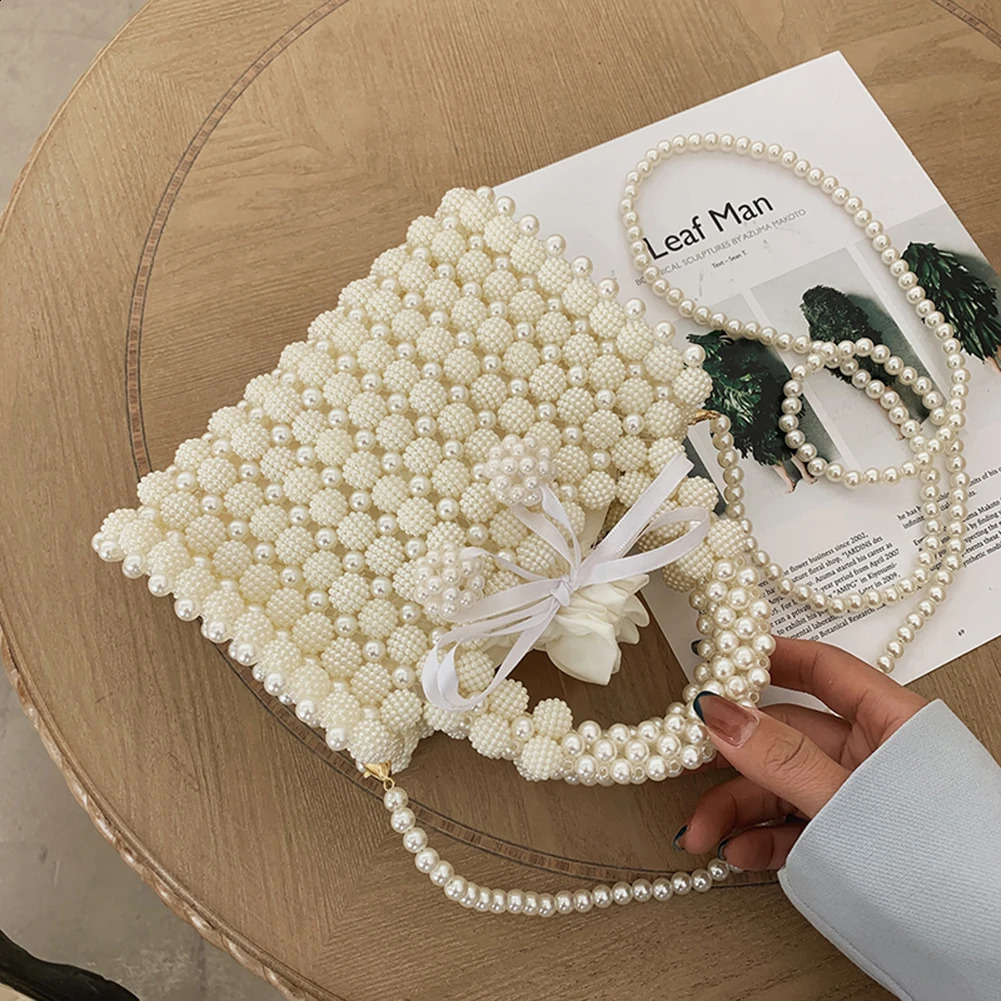 Korean Handmade Beaded Pearl Bag Woven Small Coin Phone Purses Shoulder Female Evening Clutch Crossbody Tote Bags 240731