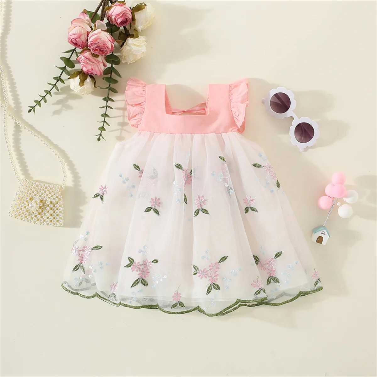 Summer Baby Girls Dress Flower Embroidery Mesh Splice Flying Sleeve Sweet Dress X250220