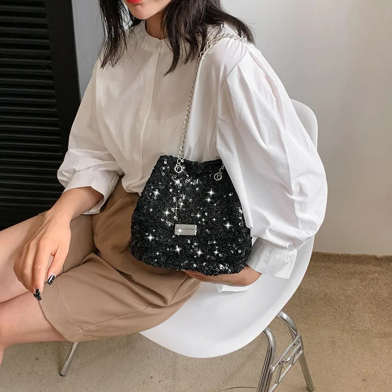 Fashion Sequined Womens Bucket Bag Handbags Female Crossbody Shoulder Tote Purse Chain Messenger Lady Handbag 240801ZYl