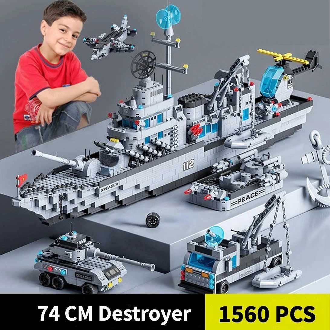 1560pcs 6 IN 1 Military Navy Ship Sets Building Blocks Toys Brick Aircrafted Carrier Army Warship WW2 Heavry Tank Headquarters Y250208