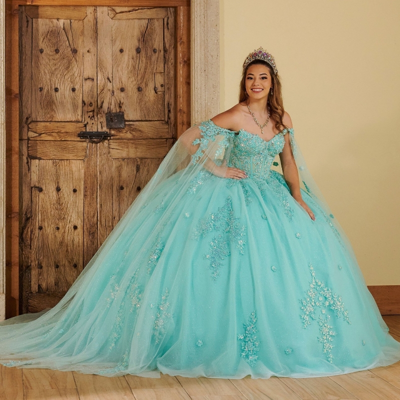 Water Blue Quinceanera Dresses 2024 Vestido De 15 Anos Sweet 16 Applique Lace Tull With Cape XV Birthday Prom Party