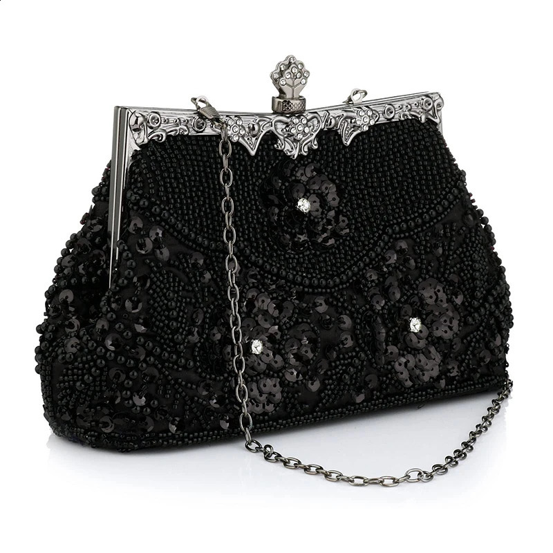 Womens embroidered bead sequin evening handbag retro shoulder bag wedding party elegant top 240724