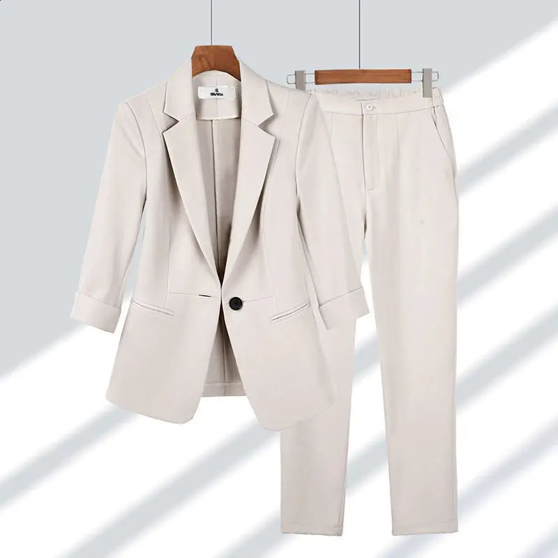 Summer Thin Jacket Blazer Casual Wide Leg Pants Two Piece Elegant Womens Pants Set Office Outfits Business Clothing 240826