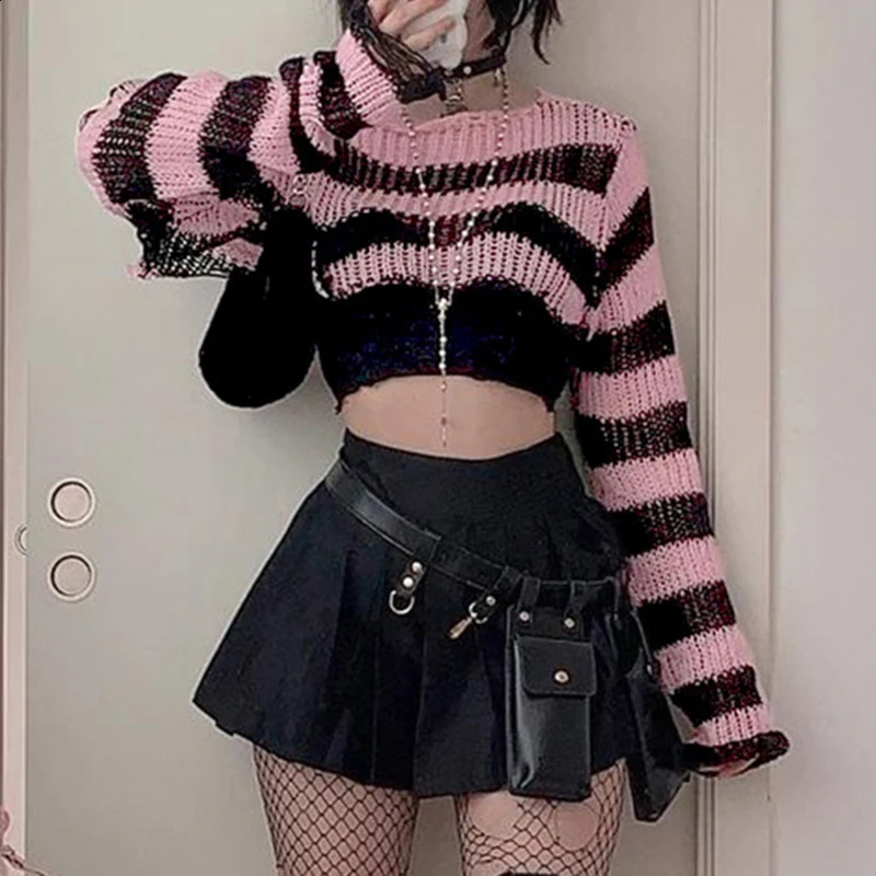 CIBBAR Vintage Y2k Cropped Sweater Smock Grunge 2000s Loose Full Sleeve Pink Striped Print Jumpers for Women Autumn Casual Chic 240812