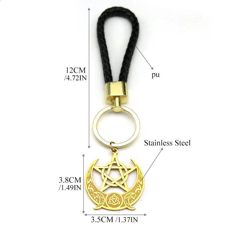 Triple Moon Goddess Witch Knot Stainless Steel Pendant Keychain for Women Men PU Leather Pentagram Star Bag Charm JewelryK26657 240731