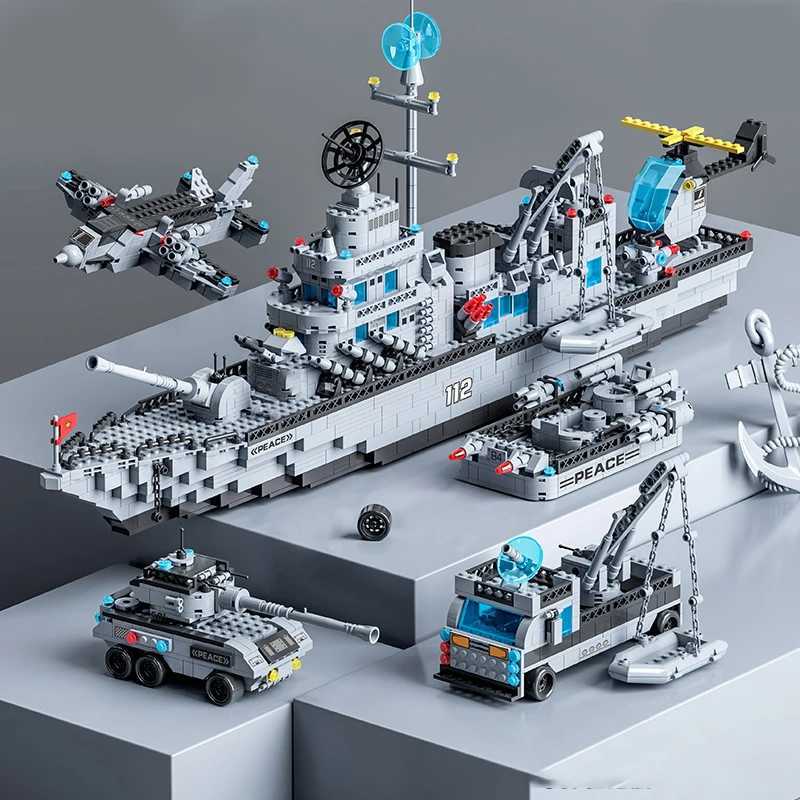 1560pcs 6 IN 1 Military Navy Ship Sets Building Blocks Toys Brick Aircrafted Carrier Army Warship WW2 Heavry Tank Headquarters Y250208