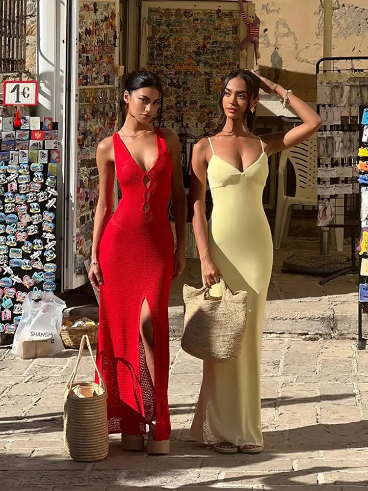 Women Hollow Out Crochet Knitted Splited Dresses Fashion Sexy Solid Sleeveless V Neck Bodycon Dresses Female Chic Beach Vestidos 240812