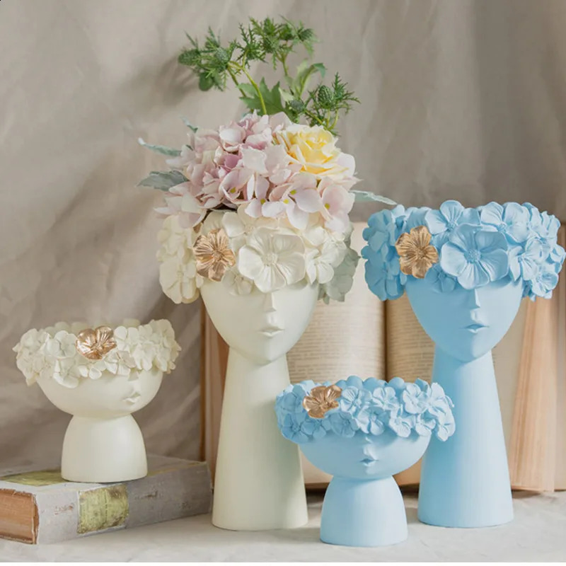 2 pieces of Nordic Mona Lisa human face vase resin character flowerpot set abstract portrait plant flower arrangement home decoration 240731