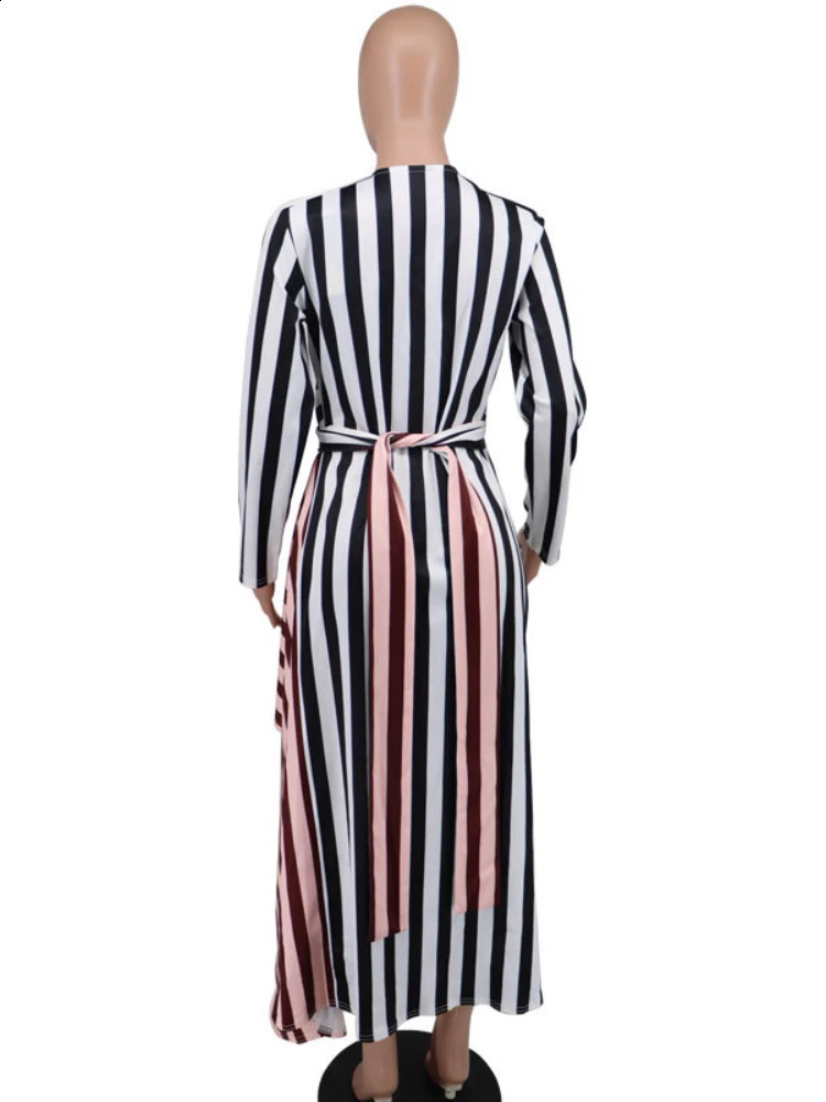 Women Long Sleeve Plunge V-neck Colourblock Stripe Asymmetric Midi Dress 240731