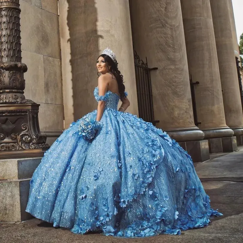 Sky Blue Quinceanera Prom Dresses 3D Flowers Sequin Sweet 15 Party Gowns Sparking Bead Ball Gown Junior Girls Pageant Dress Sweet 16 Party Gowns