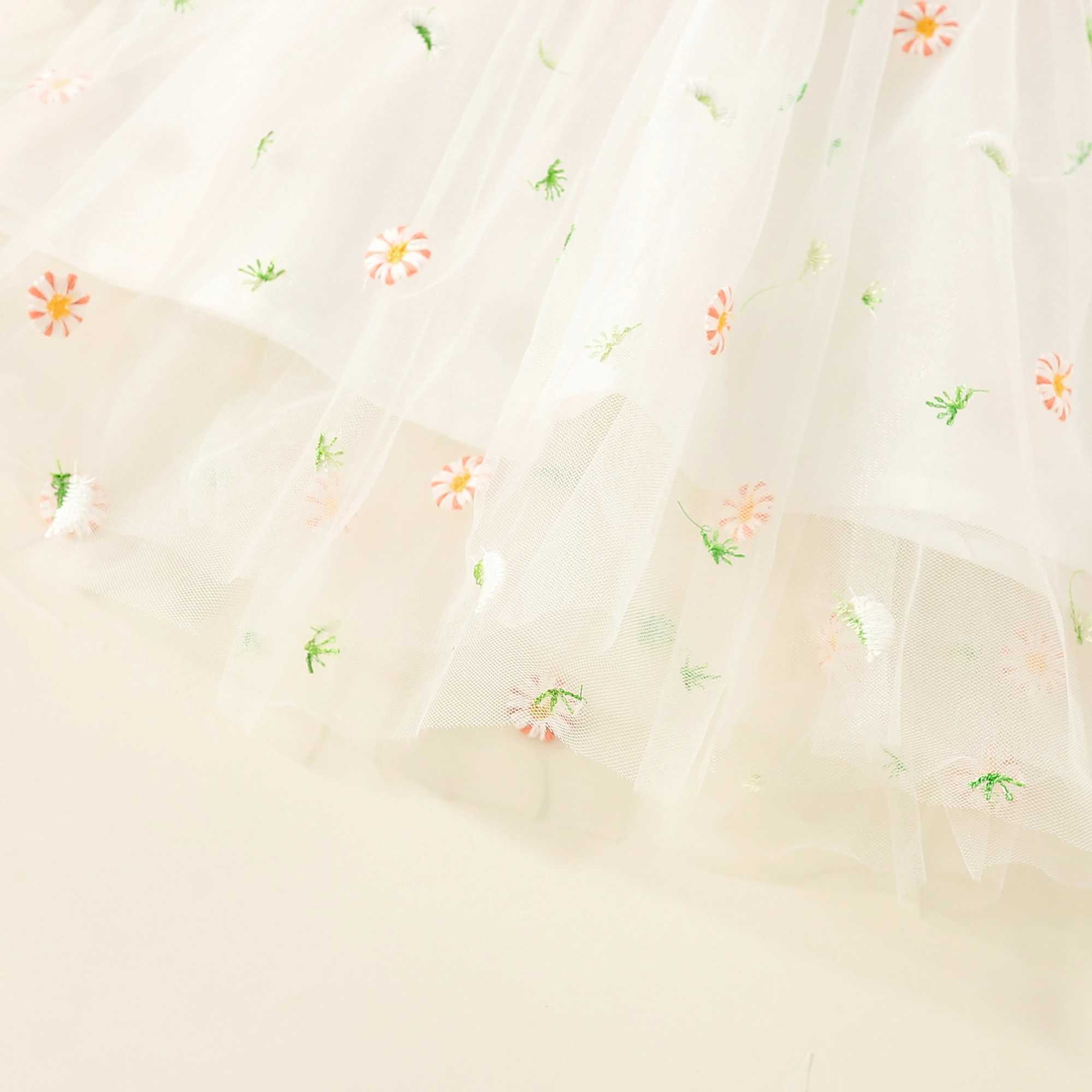 Infant Baby Girls Long Sleeves Round Neck Flower Embroidery Tulle Splicing Dress Toddler Clothes X250220