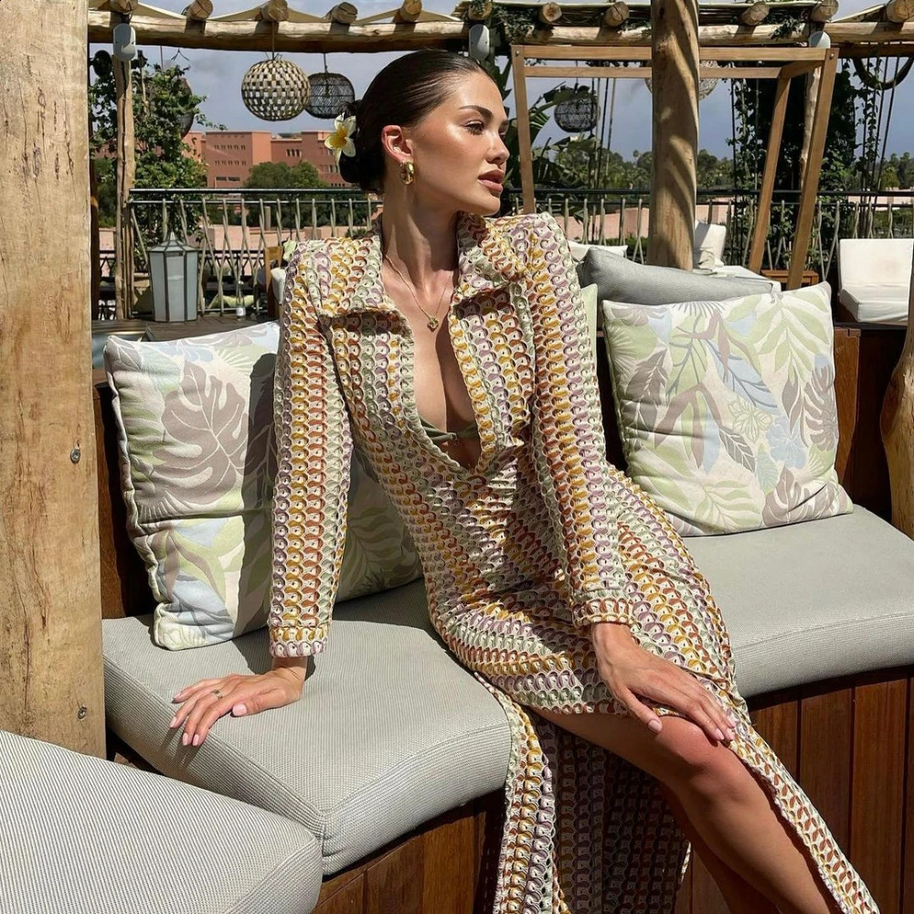 Colorful Knitted Beach Dress Women Fashion Hollow Out Slim Bohemia Dress Summer Elegant Long Sleeve Bikini Cover Up Dress 2024 240731