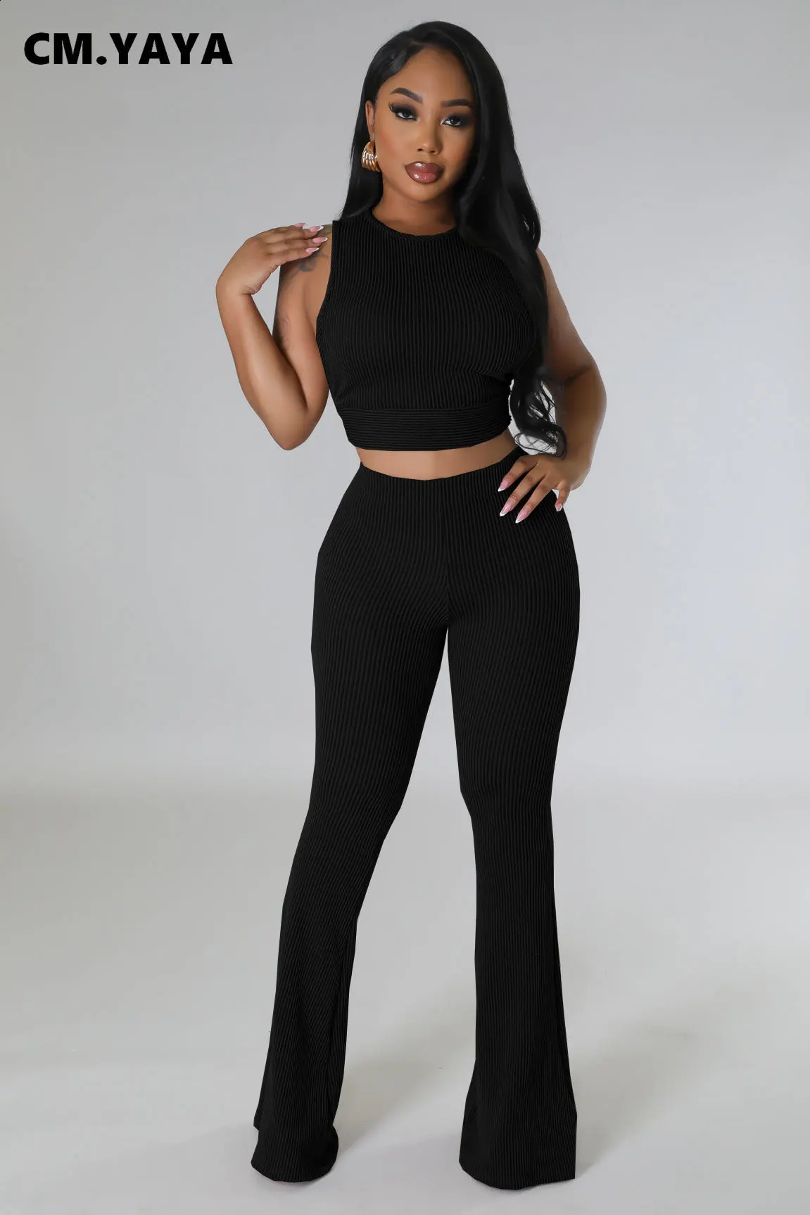 CM.YAYA Knit Ribbed Womens Set Open Side Tank Top and Flare Pants Suit Summer Active INS Two 2 Piece Set Outfit Tracksuit 240813