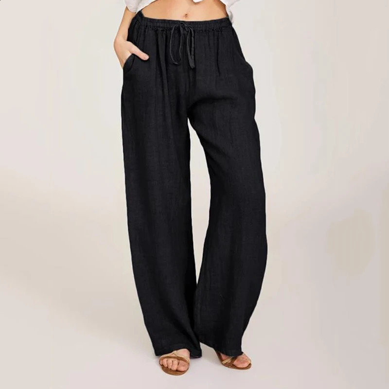 Epligg Summer Autumn Cotton Linen Wide Leg Pants for Women Pants Full Length Casual Pants Female Solid Loose Straight Trousers 240801