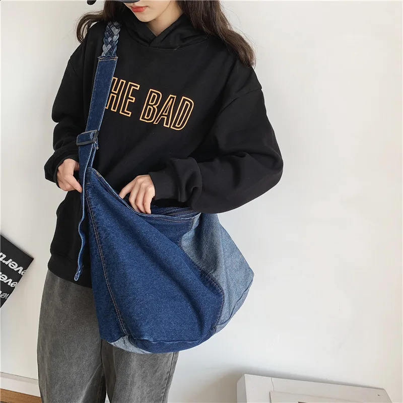 Oversized Patchwork Tote Bags For Women Latest Trend Shoulder Crossbody Bag Braided Strap New Denim Fabric Big Capacity Shopper 240731