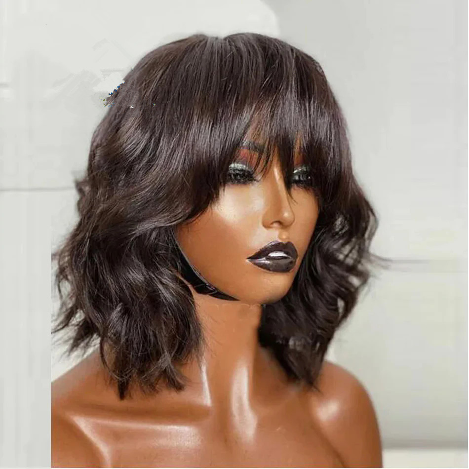 Layered Cut Short Wavy Hair Natural Black with Bang Scalp Top Wig Full Machine Made Human Hair Short Bob Wig Remy 180 density