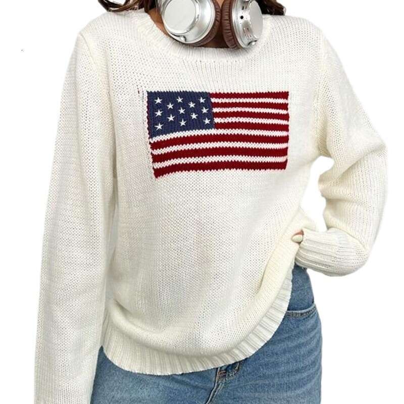 Autumn Winter New Loose Round Neck Flag Pattern Simple and Versatile Knitted Sweater