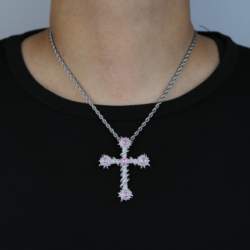 Hip Hop Pink Ziron Cross Pendant Necklace White Gold Plated Lover Couple Religious Jewelry Gift