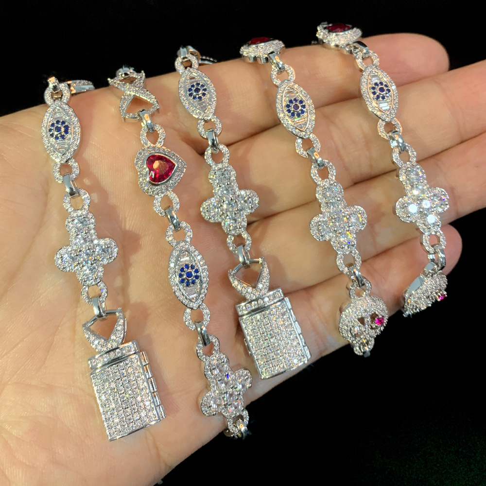 Hip Hop Colorful Charm Eye Cross Heart Cuban Chain Necklace 5A Zircon Rap Jewelry